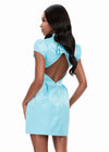 ASHLEYlauren 4969 | Blue satin mini with high neckline, puff sleeves, and statement open back cutout