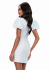 ASHLEYlauren 4970 | Sky tweed mini with puff sleeves, square neckline, and playful statement bow