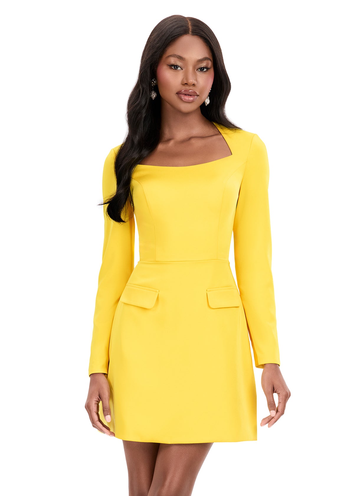 yellow mini dress long sleeve ASHLEYlauren Style 4971 Crepe Short Pink Dresses - Model is a standard shirt-size-16-34-35 Color:Nude- Silver