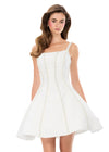 ASHLEYlauren 4982 | White structured tweed mini with square neckline, pearl panel detailing, and feminine flared silhouette