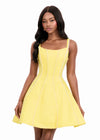 ASHLEYlauren 4982 | Yellow structured tweed mini with square neckline, pearl panel detailing, and elegant flared silhouette