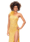 Close Up - ASHLEYlauren 11277 one shoulder gown featuring intricate sequin and crystal beading, feather-accented neckline, left leg slit, and strappy open back.