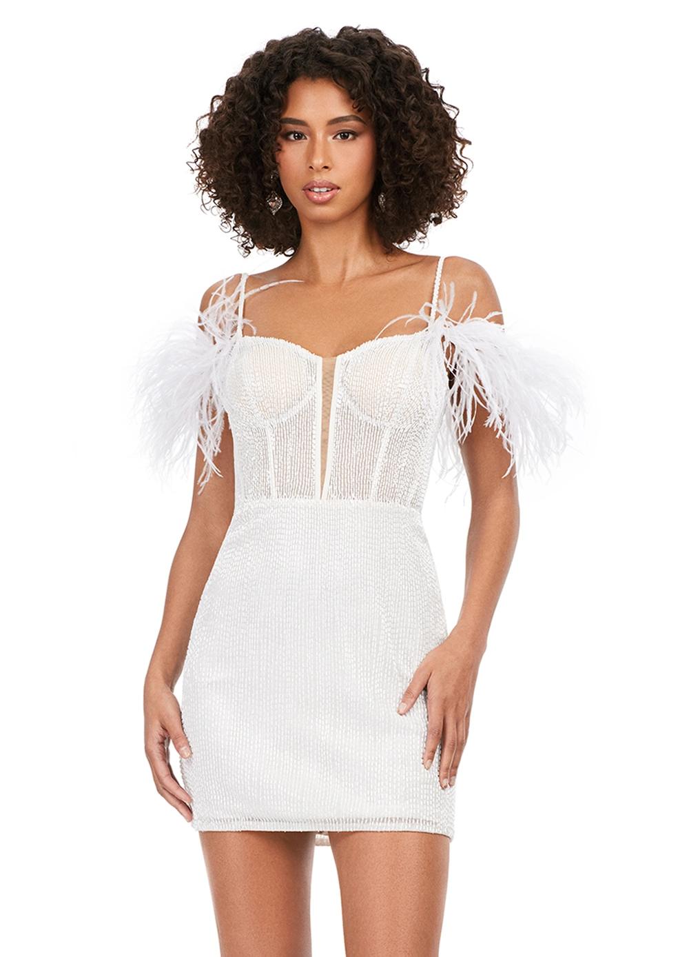 ASHLEYlauren 4588 - Liquid Beaded Off Shoulder Feather Gown
