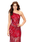 Front. Red ASHLEYlauren 11207 One-Shoulder Sequin Gown with Asymmetrical Wrap Bead Pattern, Illusion Cut-Out, Slit, and Sweep Train