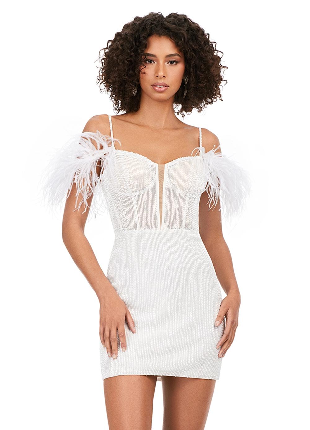 ASHLEYlauren 4588 - Liquid Beaded Off Shoulder Feather Gown
