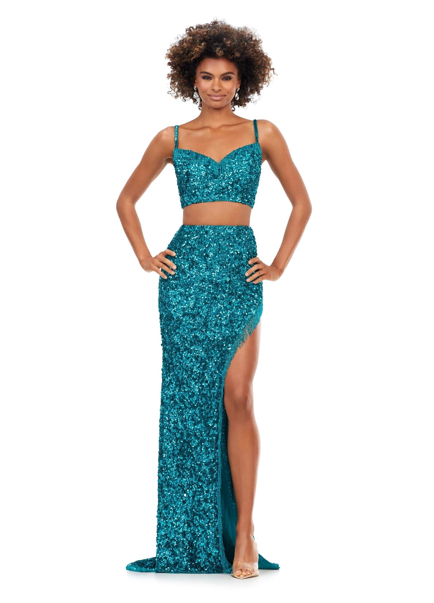 ASHLEYlauren 11370 Sequin Two-Piece Gown with Fringe