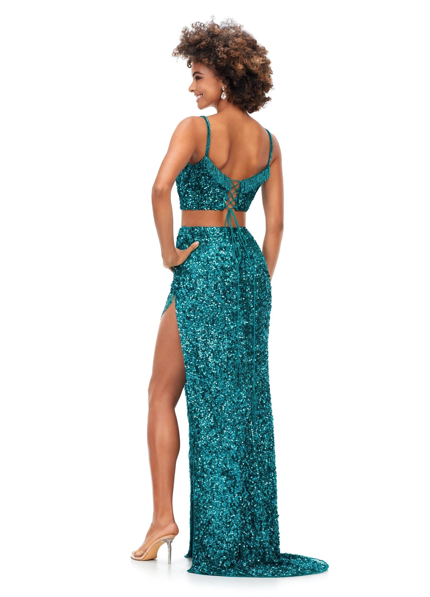 ASHLEYlauren 11370 Sequin Two-Piece Gown with Fringe