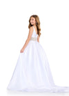 Back. White ASHLEYlauren 8276 satin kids ball gown featuring a scoop neckline, V-back, and a fully beaded waistband for an elegant and glamorous touch.