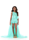 ASHLEYlauren 8326 Romper Gown | Aqua kids’ pageant romper gown with high neckline, fully beaded bodice, fringe detailing, and flowing chiffon overskirt for a glamorous, stage-ready look.