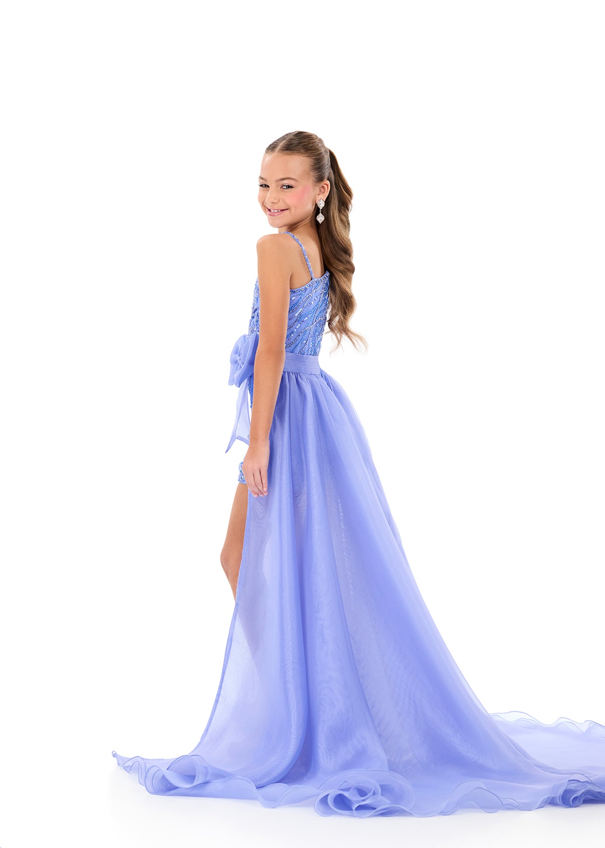 ASHLEYlauren 8325 – One-Shoulder Beaded Kids Romper Gown with Overskirt