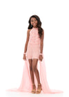 ASHLEYlauren 8326 Romper Gown | Blush kids’ pageant romper gown with high neckline, fully beaded bodice, fringe detailing, and flowing chiffon overskirt for a glamorous, stage-ready look.