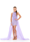 ASHLEYlauren 8326 Romper Gown | Lilac kids’ pageant romper gown with high neckline, fully beaded bodice, fringe detailing, and flowing chiffon overskirt for a glamorous, stage-ready look.