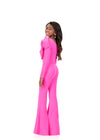 ASHLEYlauren 8327 | Hot-Pink scuba jumpsuit with statement ruffle and flared leg