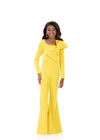 ASHLEYlauren 8327 | Yellow pageant jumpsuit with dramatic shoulder ruffle, structured waistline, and elegant flared pants