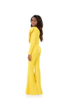 ASHLEYlauren 8327 | Yellow scuba jumpsuit featuring one-shoulder ruffle detail, fitted bodice, and flared pant legs