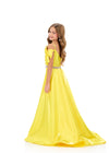 ASHLEYlauren 8330 | Yellow high-low satin gown with off-shoulder bow detail