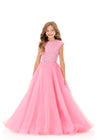 ASHLEYlauren 8334 | Candy-Pink kids pageant gown with cap sleeves and full silhouette