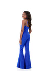 ASHLEYlauren 8336 | Royal scuba jumpsuit with a cross-over bodice and flared pant leg