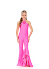 ASHLEYlauren 8337 | Pink scuba halter jumpsuit with flared pant legs with cascading ruffles and 3D floral appliqué