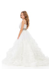 ASHLEYlauren 8338 | Ivory organza ball gown with asymmetric neckline and ruffle skirt