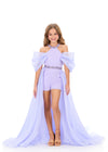 ASHLEYlauren 8338 | Lilac romper with Overskirt featuring dramatic puff sleeves, a sparkling beaded neckline