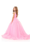 ASHLEYlauren 8340 | Pink organza ball gown with ruched bodice and tiered skirt