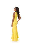 ASHLEYlauren 8341 | Yellow jumpsuit with press-on stones and cascading side ruffle
