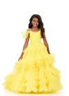 ASHLEYlauren 8342 | Yellow Multi-tiered tulle ball gown with fitted bodice, ruffle layers and flutter sleeves