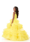 ASHLEYlauren 8342 | Yellow Multi-tiered tulle ball gown with ruffle layers, flutter sleeves, and a fitted bodice