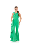 ASHLEylauren 8343 | Green modern flared leg jumpsuit with an asymmetric neckline, soft cascading ruffle