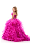 ASHLEYlauren 8344 | Raspberry organza ball gown with tiered ruffle skirt and beaded waistband