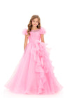 ASHLEYlauren 8346 | Pink pageant gown with floral accents and layered organza skirt
