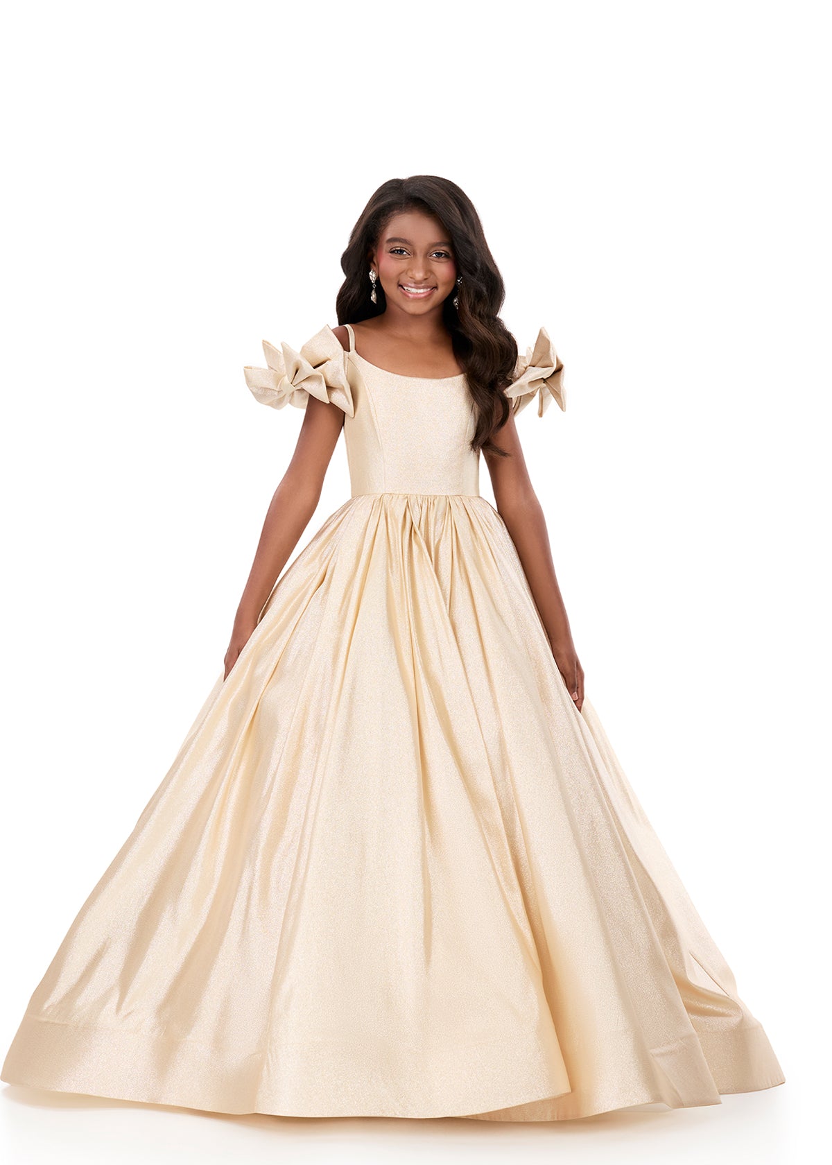 ASHLEYlauren Style 8349 Kids Metallic Mikado Gown with Bow Off Shoulder Sleeves ASHLEYlauren Style 8349 Kids Metallic Mikado Gown with Bow Off Shoulder Sleeves