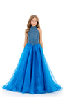 ASHLEYlauren 8355 | Peacock pageant gown with open back and dramatic organza volume