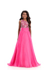 ASHLEYlauren 8367 | Pink pageant gown with ruched waistband and soft organza volume