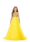 ASHLEYlauren 8367 | Yellow pageant gown with asymmetrical neckline and flowing organza silhouette