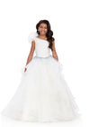ASHLEYlauren 8368 | Ivory pageant gown with floral shoulder detail and layered volume