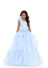 ASHLEYlauren 8368 | Sky one-shoulder kids gown with beaded bodice and tiered organza skirt