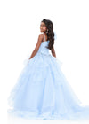 ASHLEYlauren 8368 | Sky one-shoulder kids gown with beaded bodice and tiered organza skirt