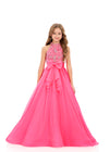 ASHLEYlauren 8377 | Hot-Pink pageant gown with statement bow and flowing skirt