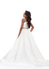 ASHLEYlauren 8379 | Ivory mikado kids gown with one-shoulder neckline and floral appliqué detail