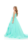 ASHLEYlauren 8381 | Aqua one-shoulder kids gown with floral appliqué and layered organza