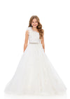 ASHLEYlauren 8381 | Ivory one-shoulder kids gown with floral appliqué and organza layers