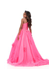 ASHLEYlauren 8381 | Hot-Pink one-shoulder kids gown with floral appliqué and organza skirt