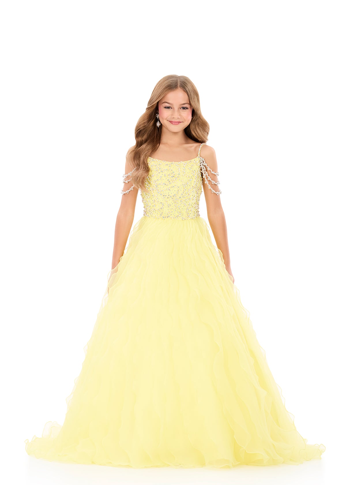 ASHLEYlauren Style 8382 Pageant Ball Gown with Crinkle Organza Skirt and  Off Shoulder Straps for Kids