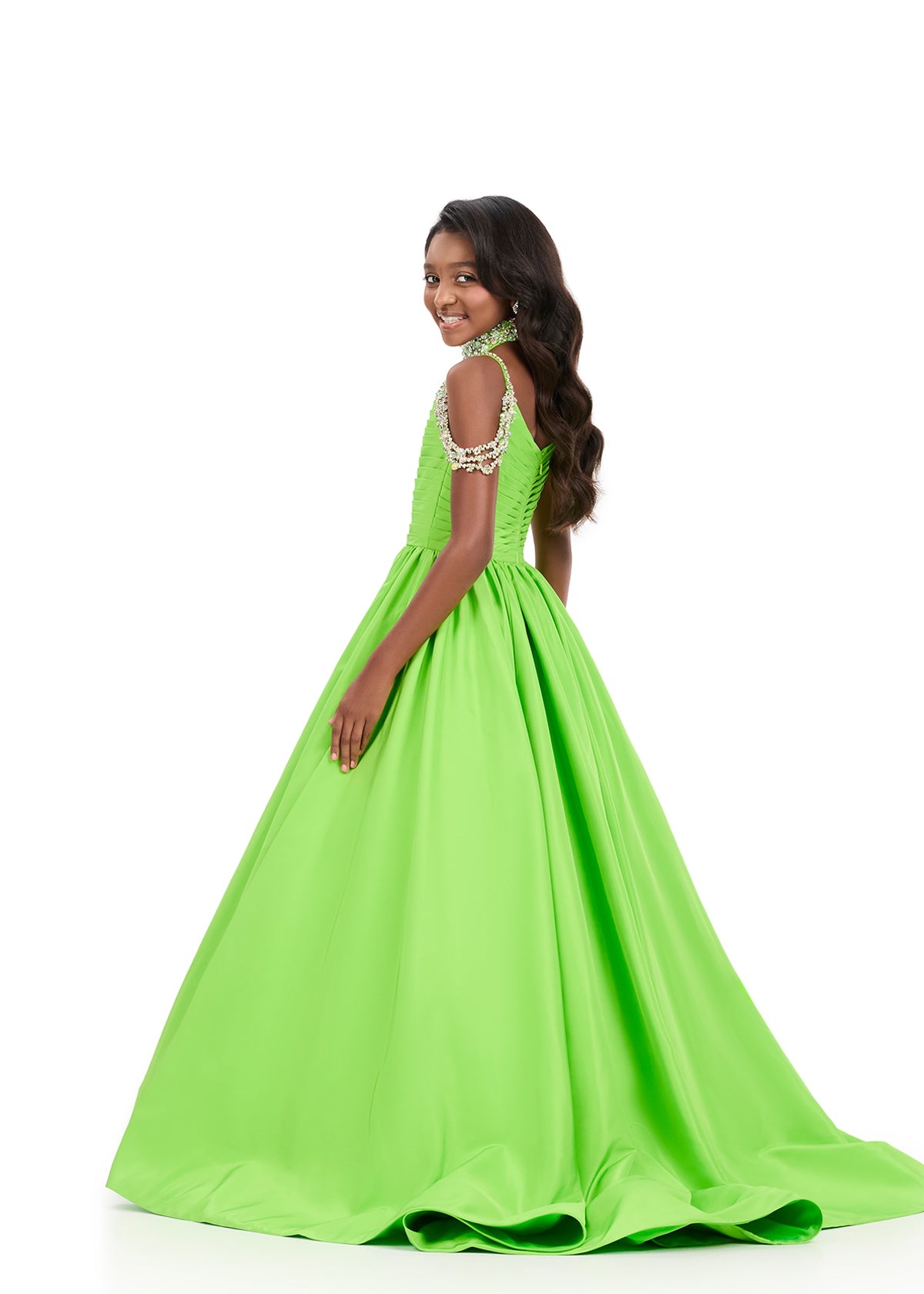 ASHLEYlauren Style 8385 Kids Pageant Ball Gown with Collar and Off Shoulder Straps ASHLEYlauren Style 8385 Kids Pageant Ball Gown with Collar and Off Shoulder Straps
