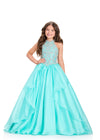 ASHLEYlauren 8395 Gown | Aqua with silver beaded high neck full kids gown with ruffles show stopping gown