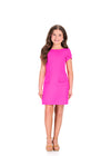 ASHLEYlauren 8405 Cocktail | Bright pink kids cocktail dress with puffy sleeves and pockets in the front