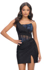 Black ASHLEYlauren 4691 one shoulder cocktail dress featuring a fully beaded corset bustier with press-on stones, a wrap skirt, and a left leg slit for an elegant and glamorous look.