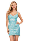 AB/Turquoise ASHLEYlauren 4625 fully beaded sequin cocktail dress featuring a sweetheart neckline, double spaghetti straps, fitted silhouette, and lace-up back for a glamorous and elegant look.